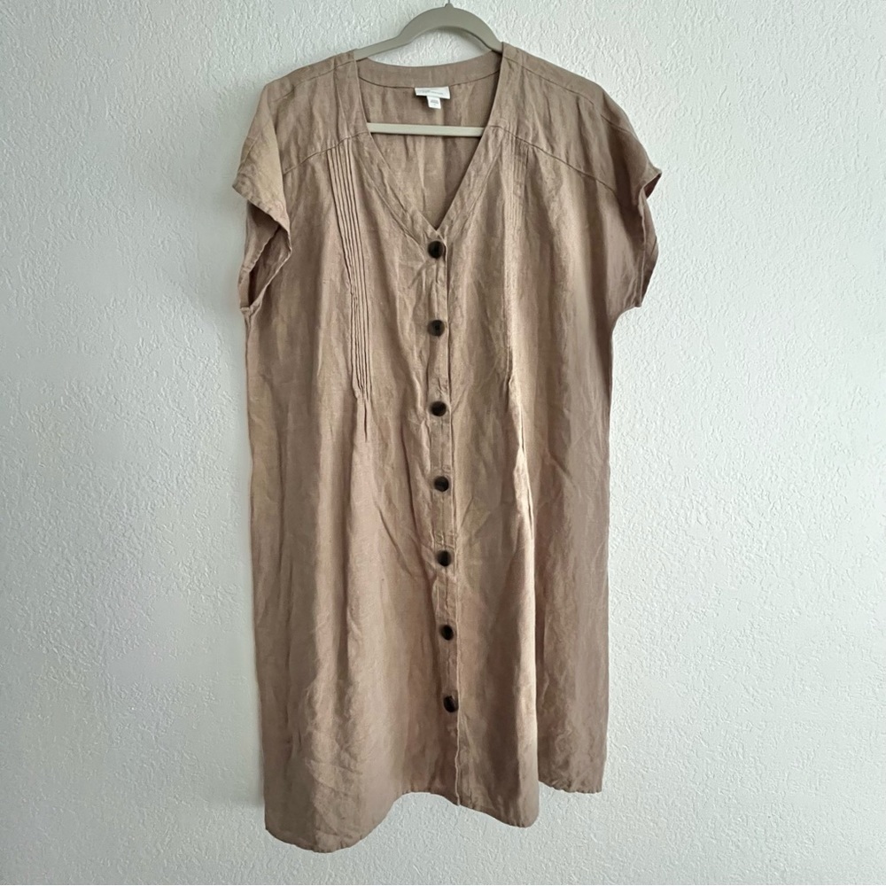J Jill Love Linen Large pin tuck Cap Sleeve Shift shirt Dress New brown flax  c